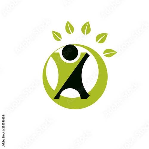 Vector illustration of excited abstract person with raised hands up. Go green idea creative logo. Wanderlust and countryside vacation idea symbol.