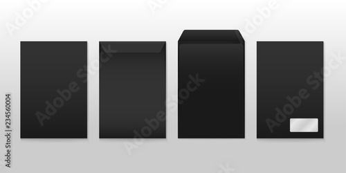 Vector mockup set of Black a4 paper empty envelope with window. Dark vertical postage closed and open cover template. 3d illustration for your corporate identity design. Back and front view