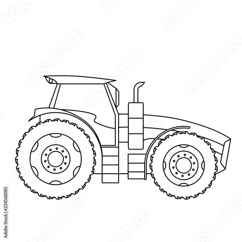 Big tractor. Line art style vector illustration of a tractor isolated. Heavy agricultural machinery for field work