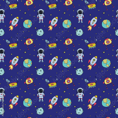 Seamless pattern with hand drawn different space objects.