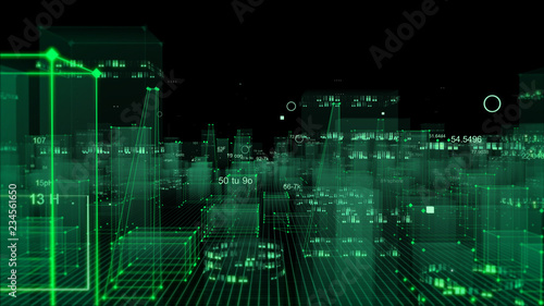 Technological digital background consisting of a futuristic city with data © Vitaly