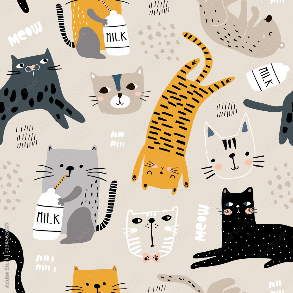 Fototapeta Wzór z różnych śmieszne koty i butelkę mleka. Kreatywna dziecinna tekstura. Idealne do tkanin, ilustracji wektorowych włókienniczych