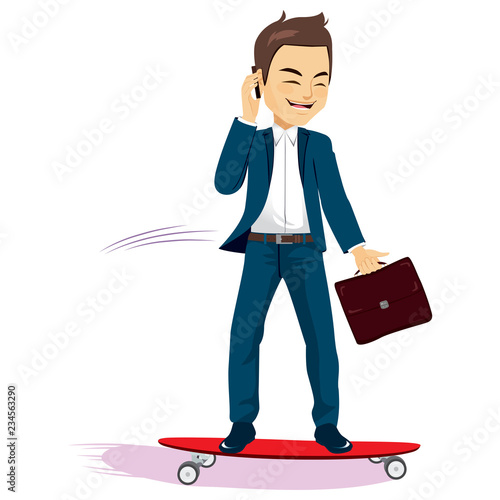 Businessman riding skate us...