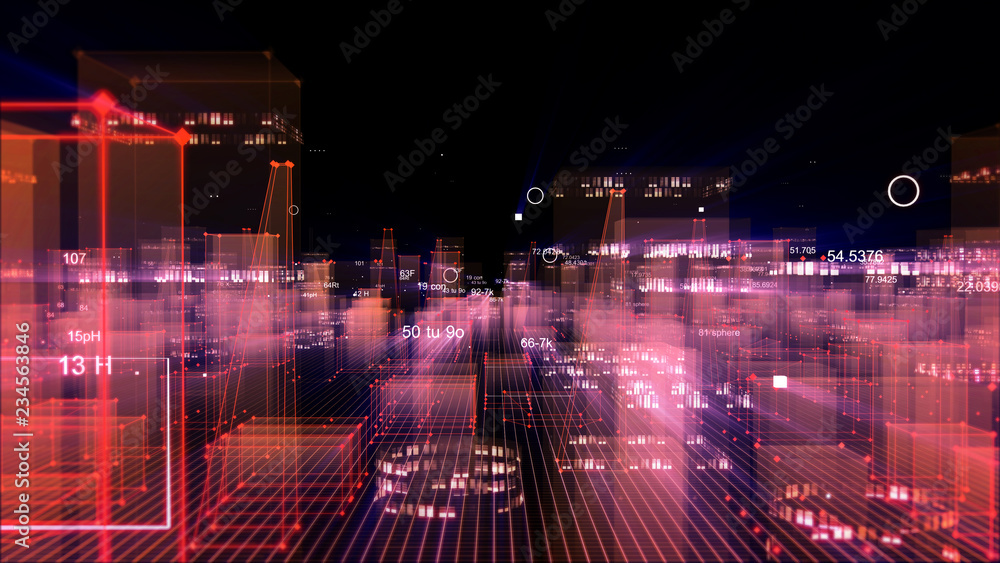 Technological digital background consisting of a futuristic city with data