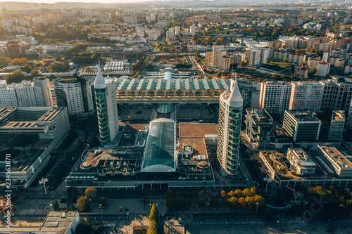 Aerial view on MEO Arena and Sao Gabriel and Sao Rafael Towers in the Park of Nations at the city promenade photo