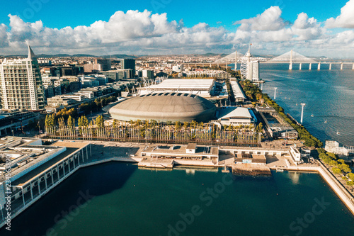 Aerial view on MEO Arena and Sao Gabriel and Sao Rafael Towers in the Park of Nations at the city promenade photo