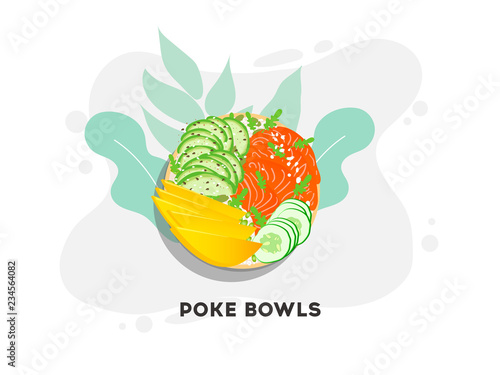 Hawaiian salmon poke bowl with seaweed, avocado rose, sesame seeds and mango.