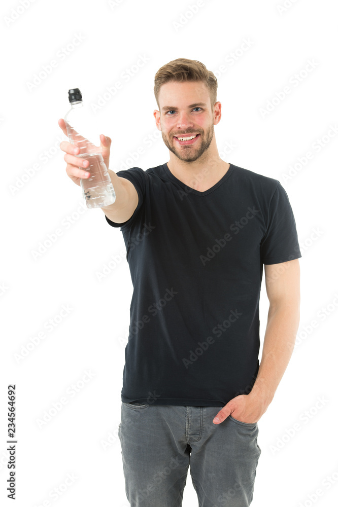 Man athlete hold water bottle. Guy drink water on white background. Man care health and water balance. Sportsman care hydration water nourishment body. Healthy lifestyle concept. Feeling thirsty Man athlete hold water bottle. Guy drink water on white background. Man care health and water balance. Sportsman care hydration water nourishment body. Healthy lifestyle concept. Feeling thirsty