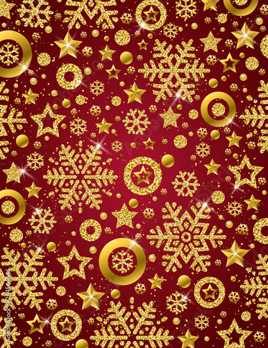 Red Christmas pattern background with golden glittering snowflakes and stars,  vector illustration