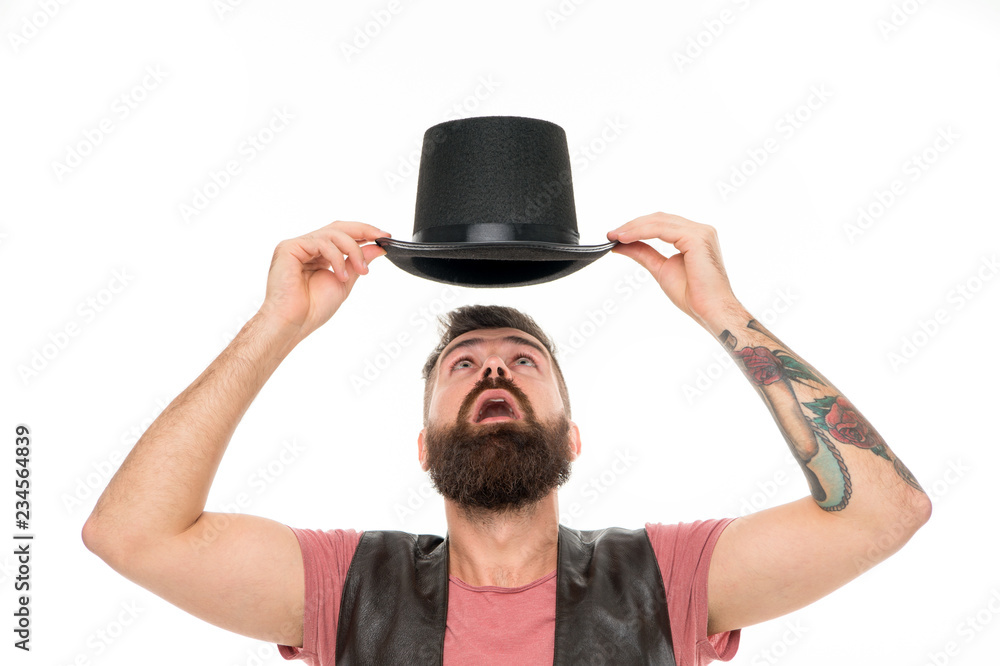 Illusionist trick performance concept. Circus worker. Circus magic trick performance. Let performance begin. Man bearded hipster cylinder. Weird things going on his performance. Want some magic trick Illusionist trick performance concept. Circus worker. Circus magic trick performance. Let performance begin. Man bearded hipster cylinder. Weird things going on his performance. Want some magic trick