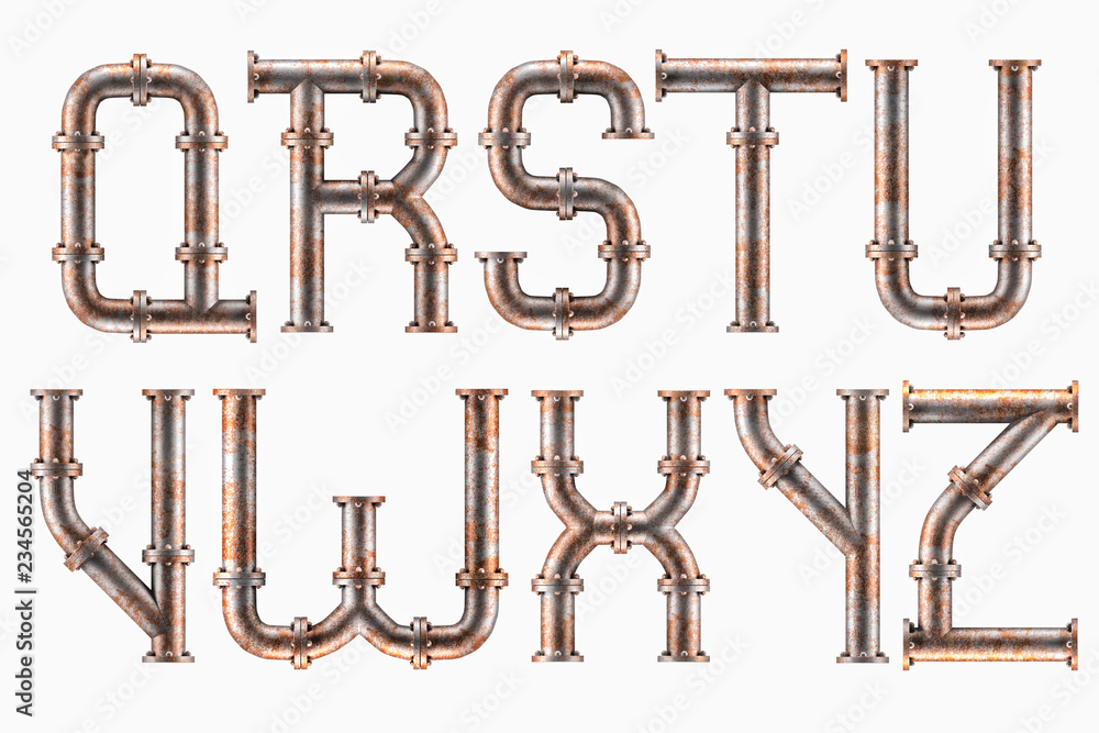Rusty metal pipe alphabet
