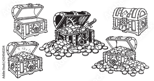 Set of pirate treasure chests in sketch style open and closed, empty and full of gold coins and jewelry. Hand drawn vector.