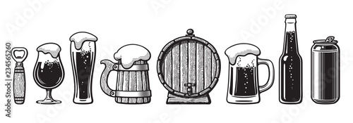 Set of beer objects. Bottle opener, glasses, old wooden mug, barrel, can. Vector illustration.