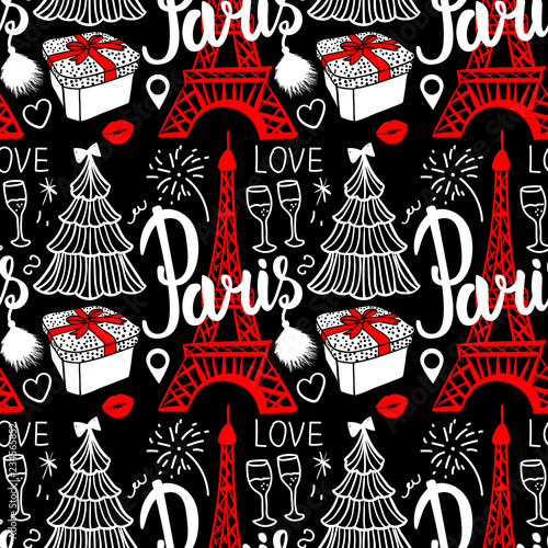 Lettering Paris and Eiffel Tower. Seamless pattern Merry Christmas and Happy new year fashion sketch gift box, tree and fireworks. Hand drawn Vector illustration isolated on dark background.