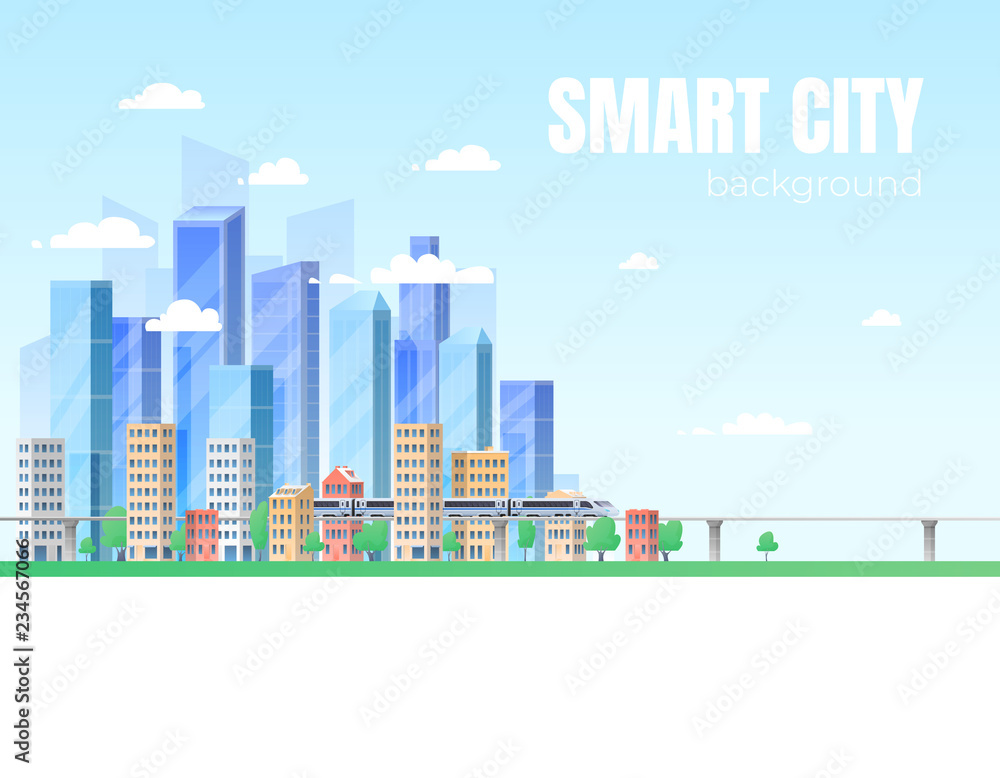 Urban landscape with large modern buildings and suburb with private houses on a background mountains and hills. Street, highway with cars. Concept city and suburban life. Urban landscape with large modern buildings and suburb with private houses on a background mountains and hills. Street, highway with cars. Concept city and suburban life.