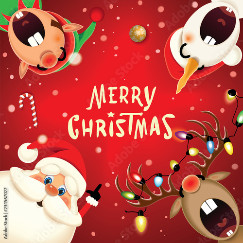 Santa Claus,Snowman,Elf and decorated Reindeer with glowing Christmas lights singing Christmas carol in the winter snow scene