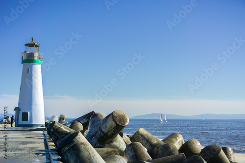 Santa Cruz Breakwater Lighthouse, Walton Lighthouse at the end of a jetty protected by dolosse, Santa Cruz, California