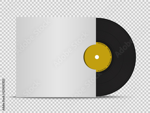 Realistic 3d black vinyl record mock up  in white paper cover. Retro design disk template in case. Front view with shadow