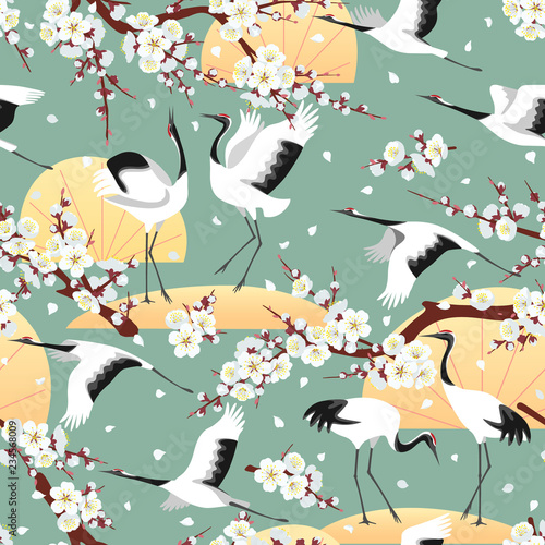 Canvas Print Seamless pattern with Japanese Cranes and Blossoms