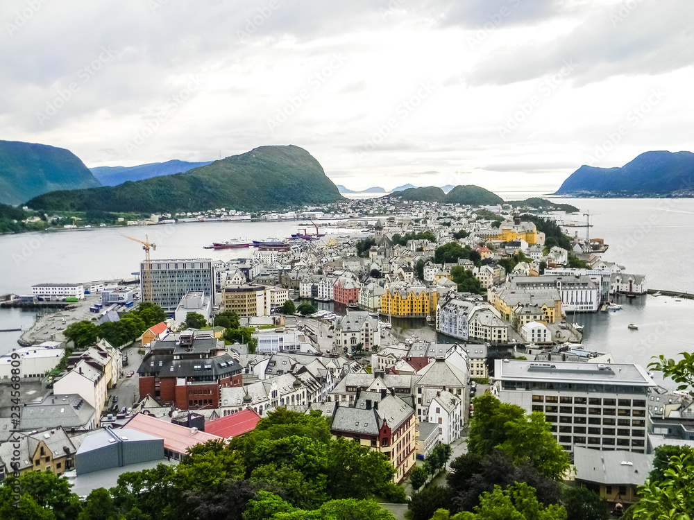 Beautiful aerial view of the Alesund cityscape, Norway