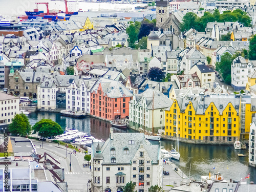 Beautiful aerial view of the Alesund cityscape, Norway