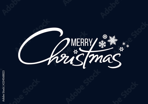 Merry Christmas handwritten lettering. White text with snowflakes isolated on dark blue background. Vector illustration.