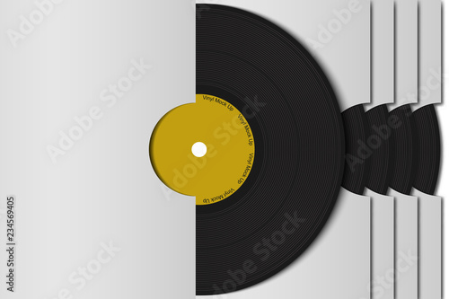Realistic 3d black vinyl record set mock up  in white paper cover. Retro design disk template in case. Front view with shadow. Vintage background