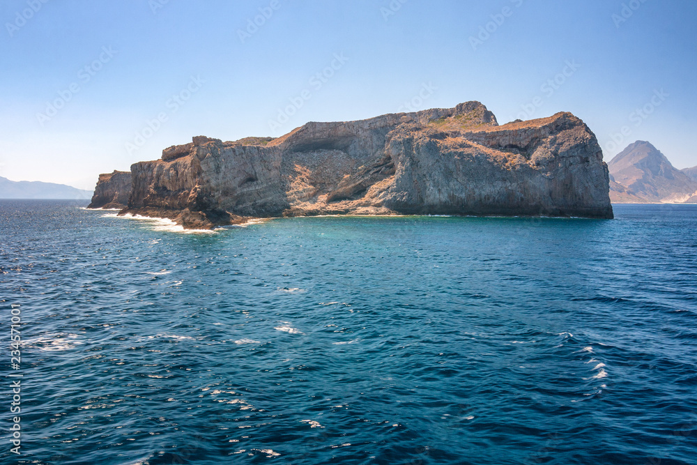 An island on the sea near The Balos lagoon in the northwest of Crete, Greece, Europe.