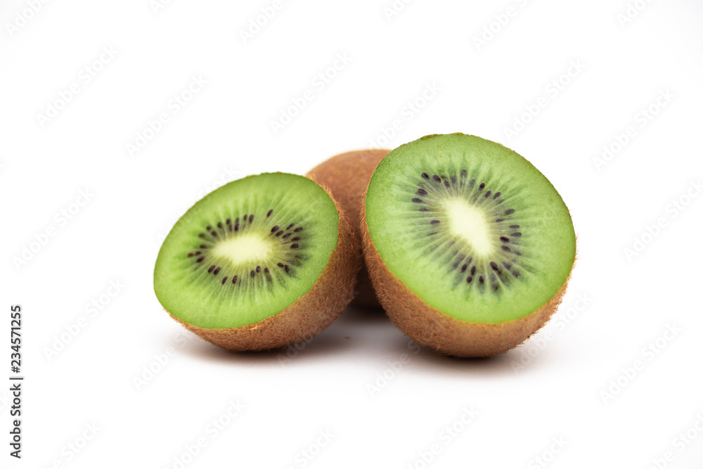Ripe whole kiwi fruit and half kiwi fruit isolated on white background Ripe whole kiwi fruit and half kiwi fruit isolated on white background