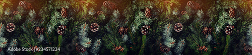 Holiday background of Christmas tree branches, spruce, juniper, fir, larch, pine cones with light. Xmas and New Year theme. Flat lay, top view, wide composition, seamless pattern