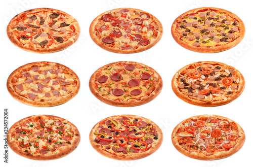 Big set of the best Italian pizzas isolated on white background