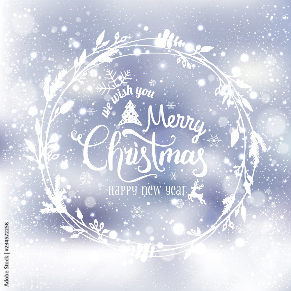 Merry Christmas and New Year typographical on shiny holiday background with Christmas wreath, snowflakes, light, stars. Xmas card. Vector Illustration