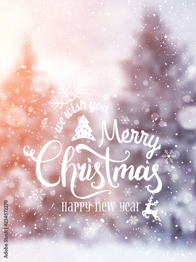 Merry Christmas and New Year typographical on holidays background with winter landscape with snowflakes, forest, light, stars. Vector Illustration. Xmas card Merry Christmas and New Year typographical on holidays background with winter landscape with snowflakes, forest, light, stars. Vector Illustration. Xmas card