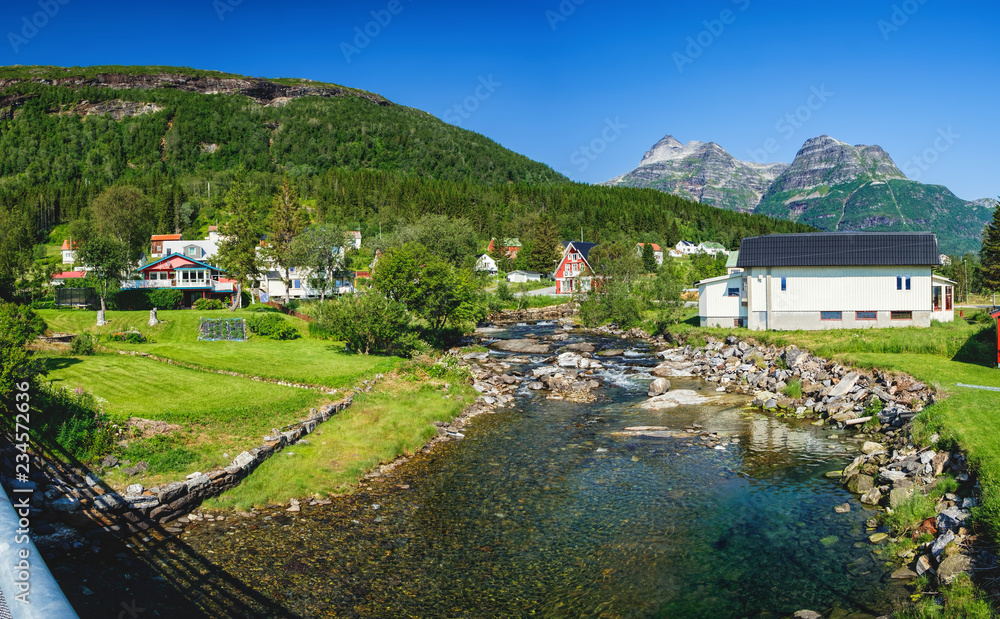 Scenic summer view of the Bogen, which is a village and the administrative centre of the municipality of Evenes in Nordland county, Norway.