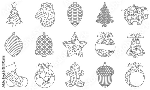 Set of Modern Christmas Tree. New Year's Toy for laser cutting. Vector illustration.
