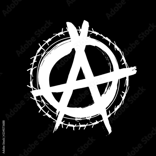 Anarchy hand drawn brush vector symbol. Anarchist revolution grunge style logo. Punk rock protest white letter A icon with barbed wire circle on black background.