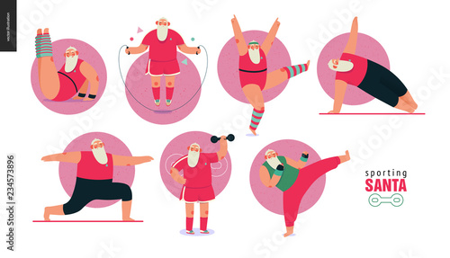 Sporting Santa - gym exercises - modern flat vector concept illustration set of cheerful Santa Claus doing aerobic and fitness exercises in the gym, wearing red sport uniform, xmas fitness activity