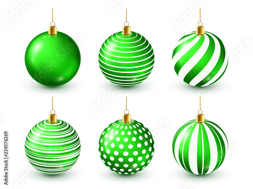 Christmas Tree Shiny Green Balls Set. New Year Decoration. Winter Season. December Holidays. Greeting Gift Card Or Banner Element.