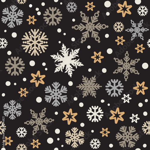 Christmas seamless pattern with silver and gold snowflakes isolated on black background. Vector.