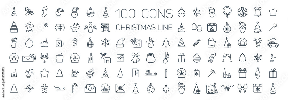 Christmas line web 100 icons set on white background - obrazy, fototapety, plakaty 