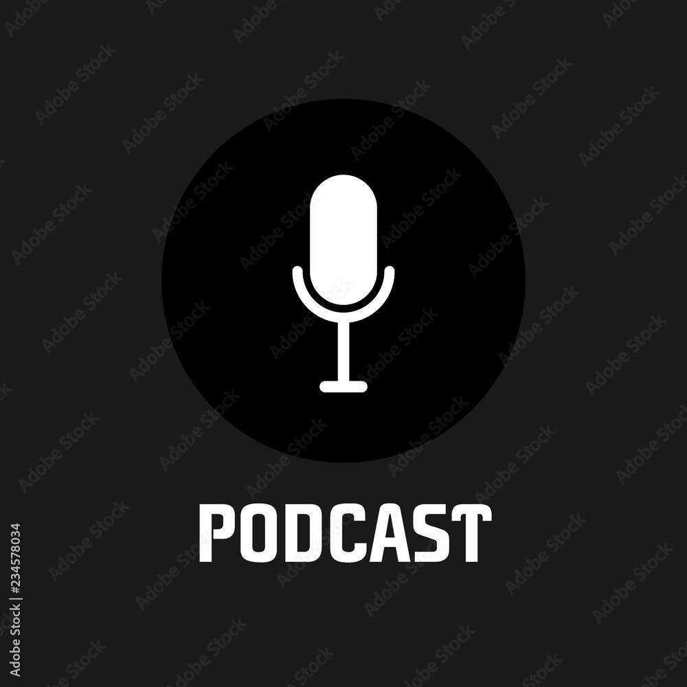 Podcast radio icon illustration set. Studio table microphone with broadcast text on air. Webcast audio record concept logo. Podcast radio icon illustration set. Studio table microphone with broadcast text on air. Webcast audio record concept logo.