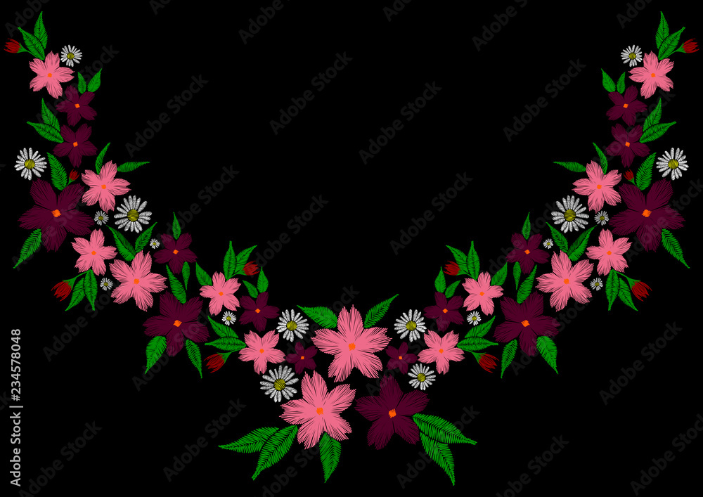 Embroidery neckline flower design. Vector fashion ornament pattern on black background. Folk floral decoration for clothes, fabric design.