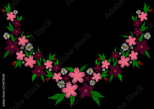 Embroidery neckline flower design. Vector fashion ornament pattern on black background. Folk floral decoration for clothes  fabric design.
