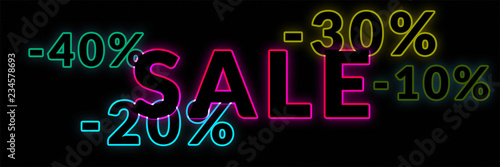 Neon sale banner with 10% 20% 30% 40% 50% discount
