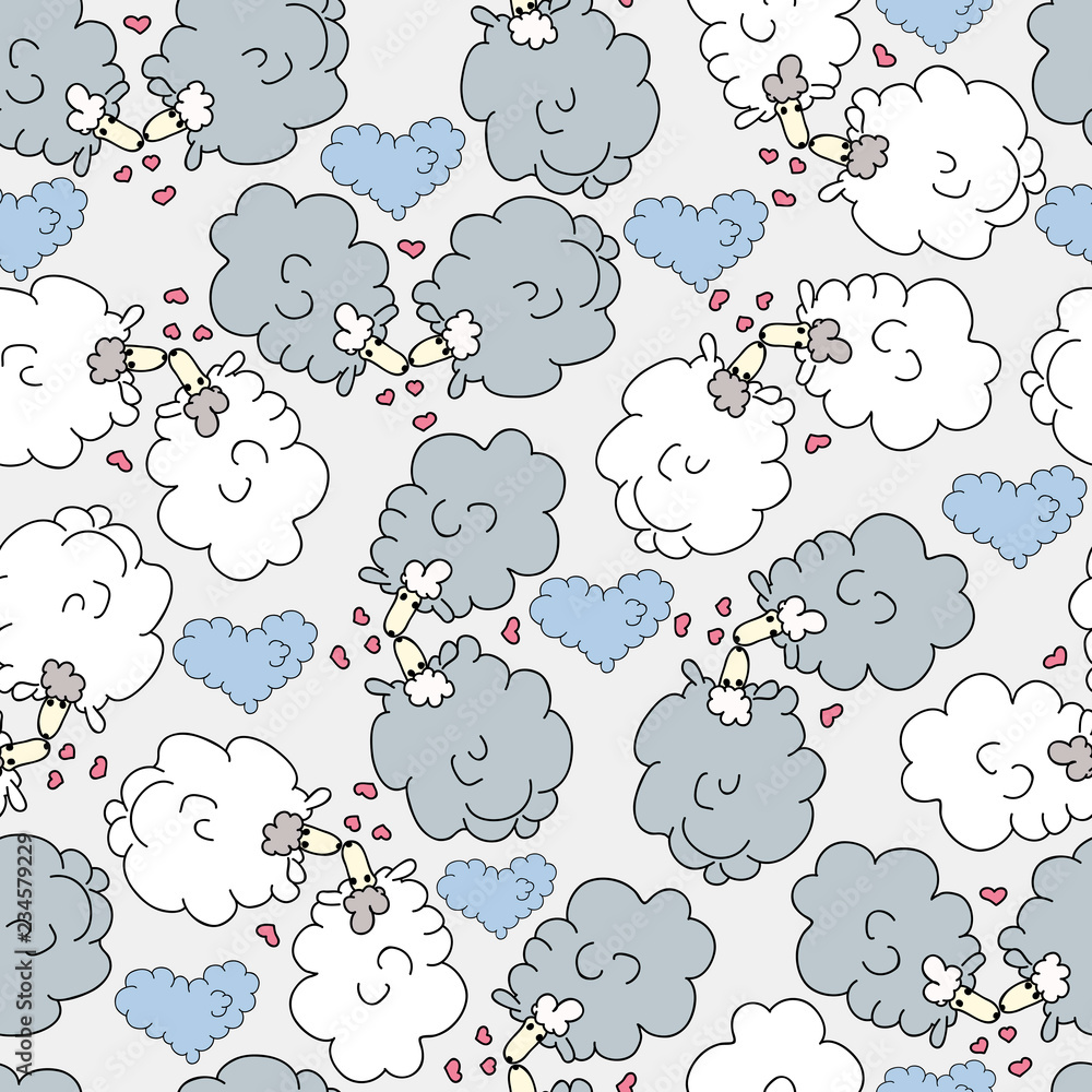 Fototapeta premium Sheep in love. Cute hand drawing seamless pattern in blue grey colors. Cloth design, wallpaper, wrapping, textile, fabric, linens, sleepwear. Valentine's day background. Vector illustration.