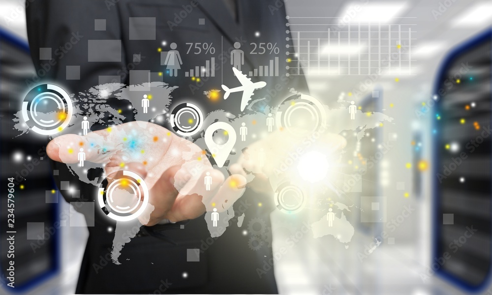 Businessman and analytics symbols on blurred background Businessman and analytics symbols on blurred background