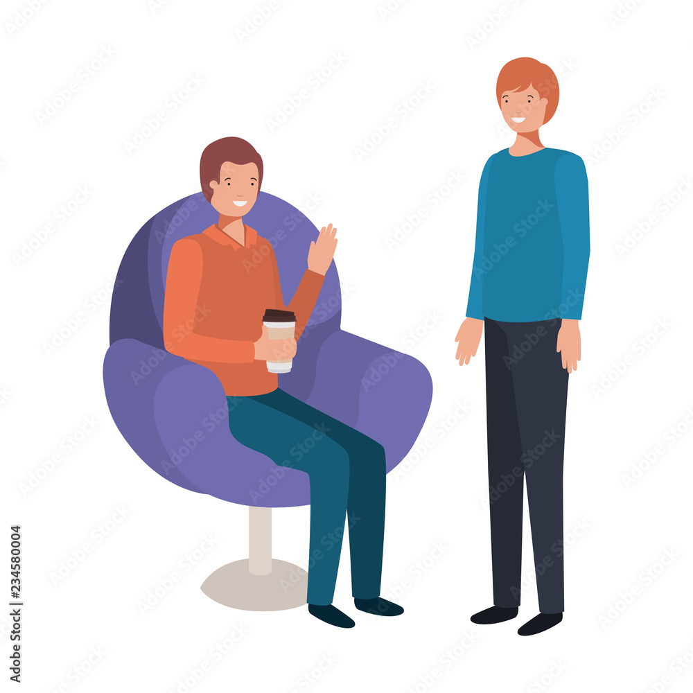 men sitting in chair with container coffee men sitting in chair with container coffee