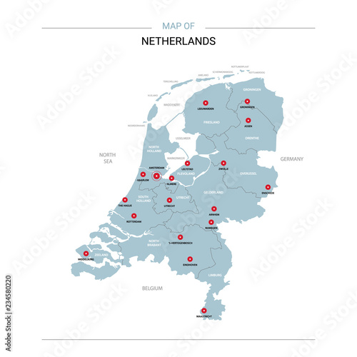 Netherlands vector map. Editable template with regions, cities, red pins and blue surface on white background. 