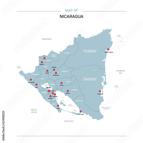 Nicaragua vector map. Editable template with regions, cities, red pins and blue surface on white background.