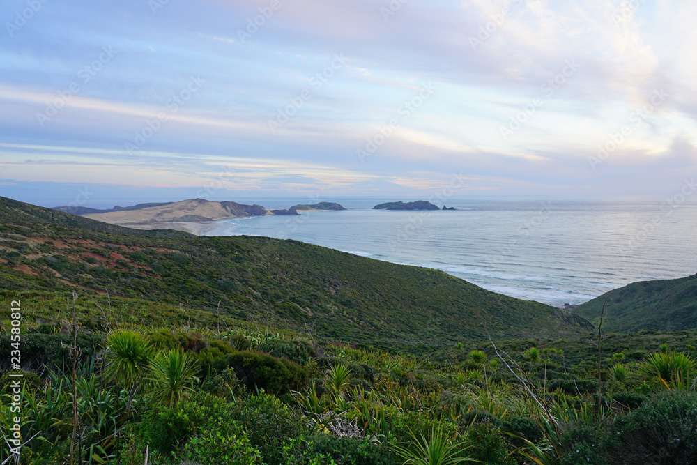 View of the TePaki Giant Sand Dunes at Cape Reinga (Te Rerenga Wairua), the northwesternmost tip of the Aupouri Peninsula, at the northern end of the North Island of New Zealand
